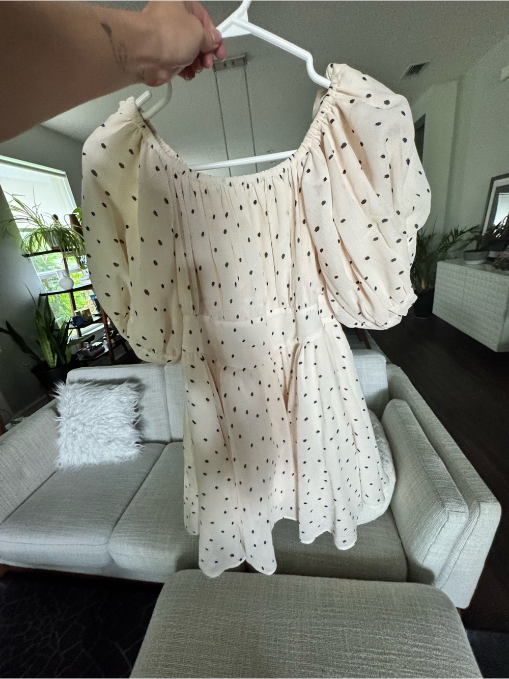 Puff Sleeve Polka Dot Dress - Cream with Black Dots